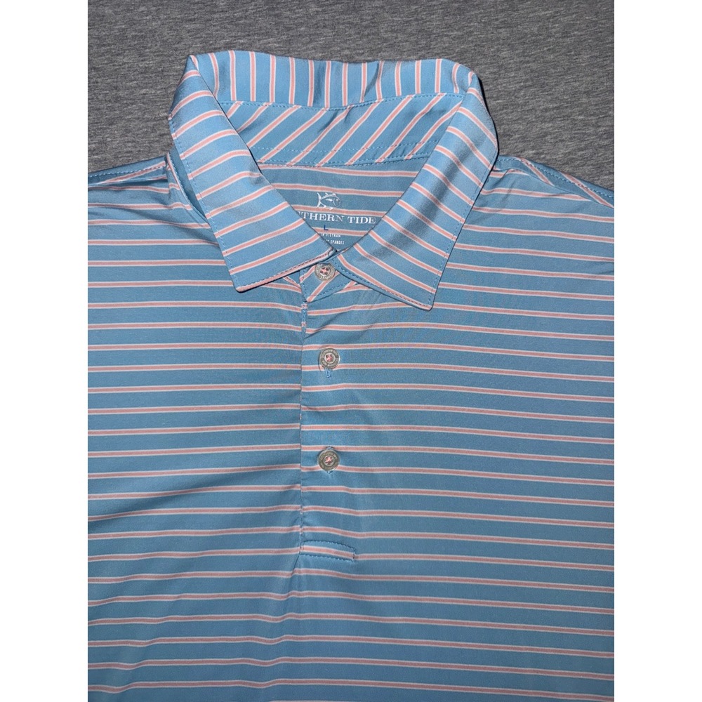 Southern Tide Mens Blue Pink Striped BRRR Performance Golf Polo Shirt Size Large